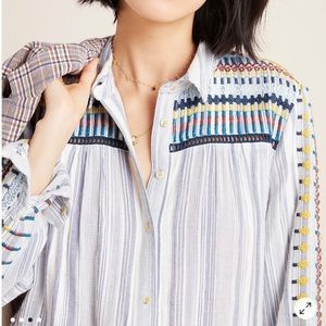 Anthropologie Multicolor Embroidered Button Down Shirt